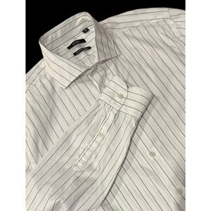 Reiss Men Dress Shirt 16.5 L White Pinstripe Blue Cutaway Collar Quiet Luxury